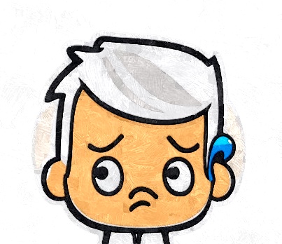 cartoon man with white hair, blue hearing aid and furrowed brow, with frown