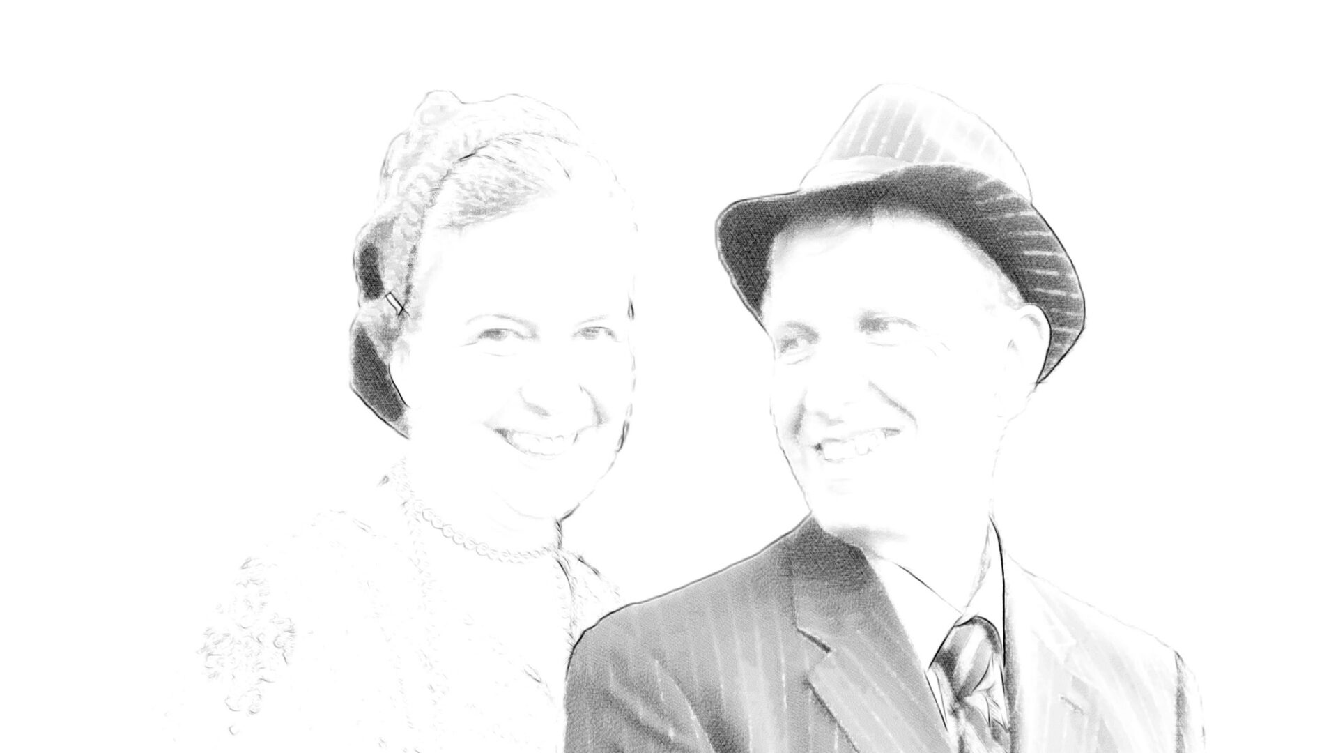 smiling couple in black and white sketch