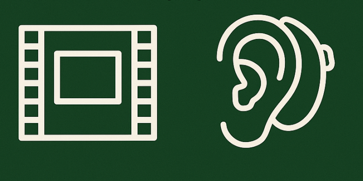 icons of movie film and ear with hearing aid