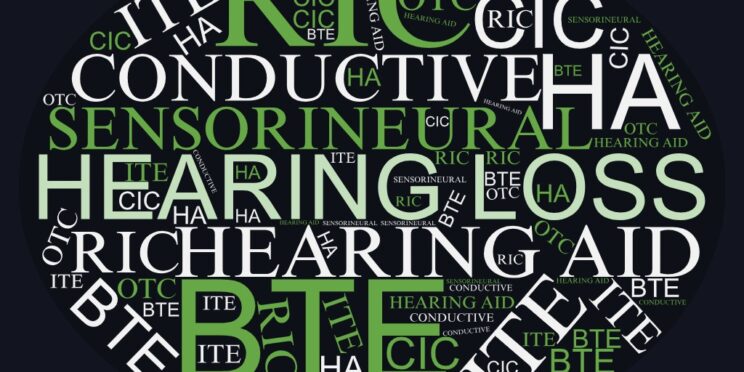 word cloud including hearing loss, RIC, BTE, Conductive, ITE, CIC