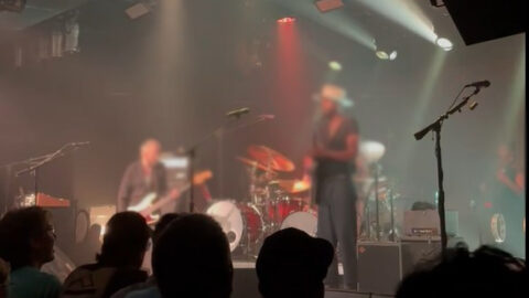 concert POV pic from audience with two guitar players and the backs of other audience members' heads